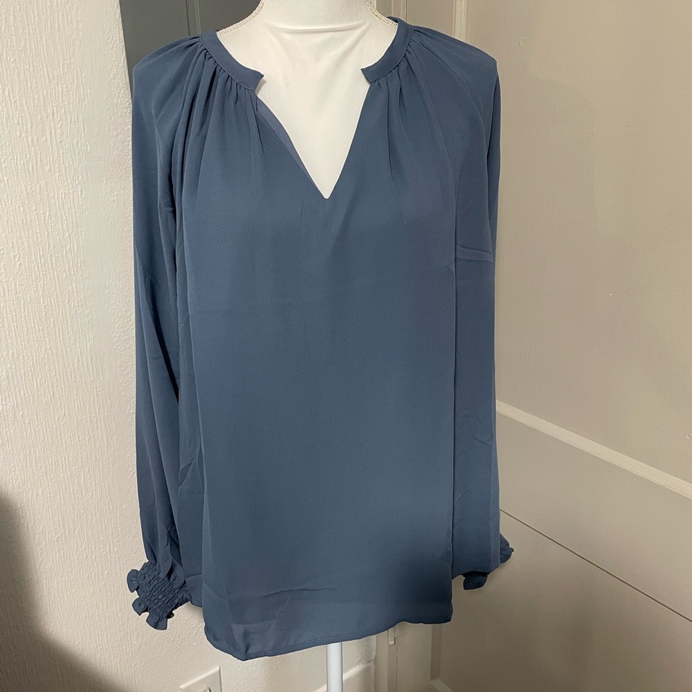 Women's Slate Blue Long-Sleeve V-Neck Blouse